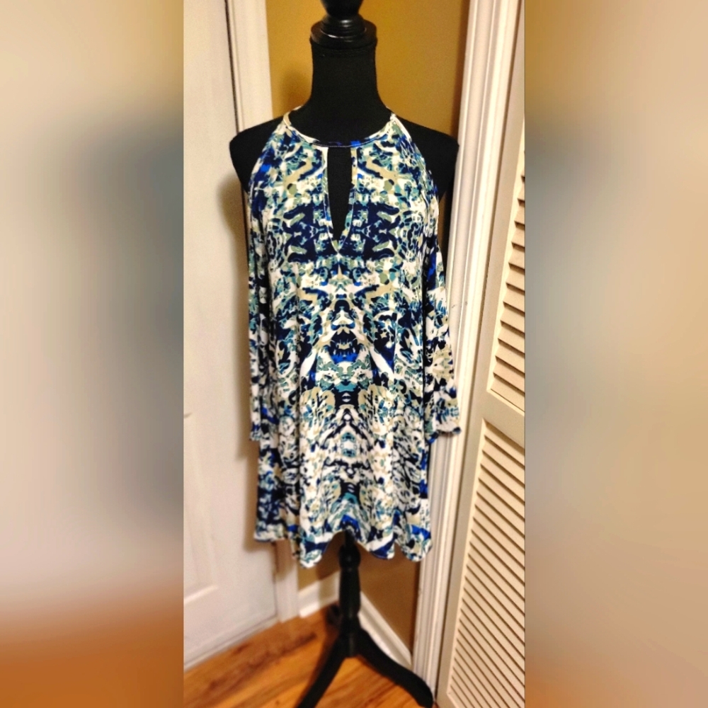 Olivaceous Blue and Black Cold Shoulder Mini Dress, Size Small